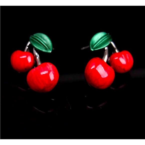 NWT. Betsy Johnson. Red Green Enameled Cherries jewelry Set(Necklace/Earrings) - Picture 5 of 8